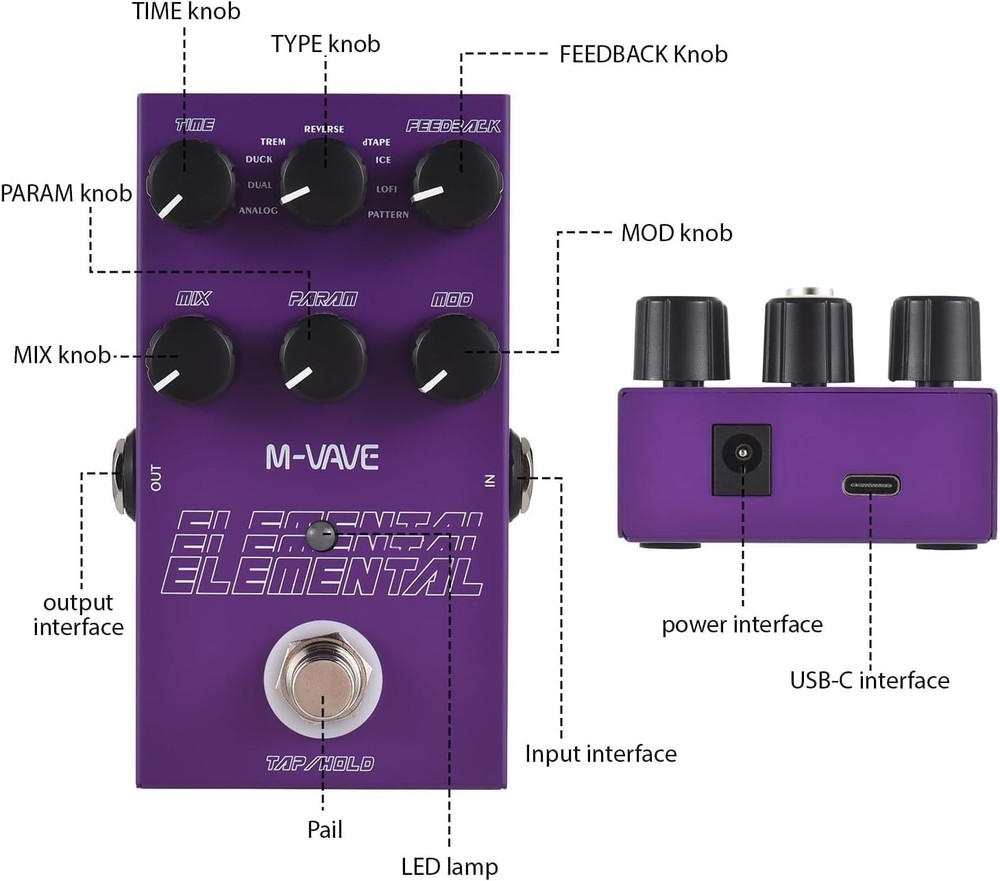 M-Vave Elemental Digital Delay Pedal 9 Different Delay Guitar Effects Digital De
