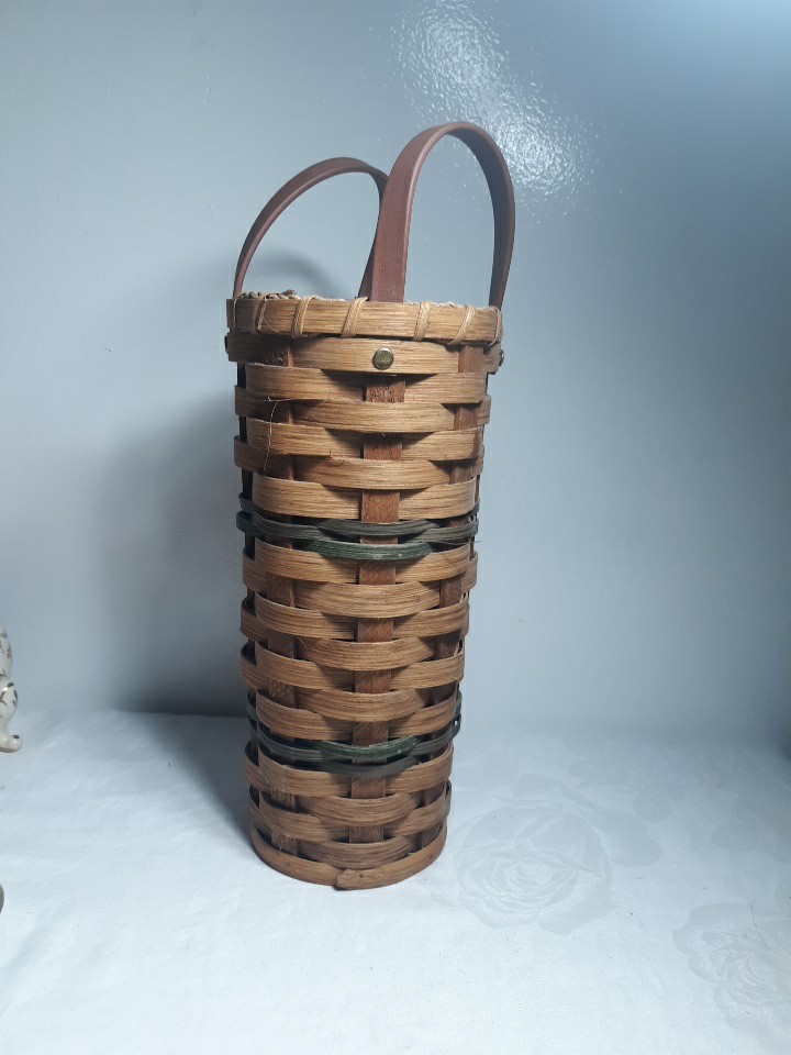 Nice Vintage Tall Round 2 Handled Basket With Wood Bottom