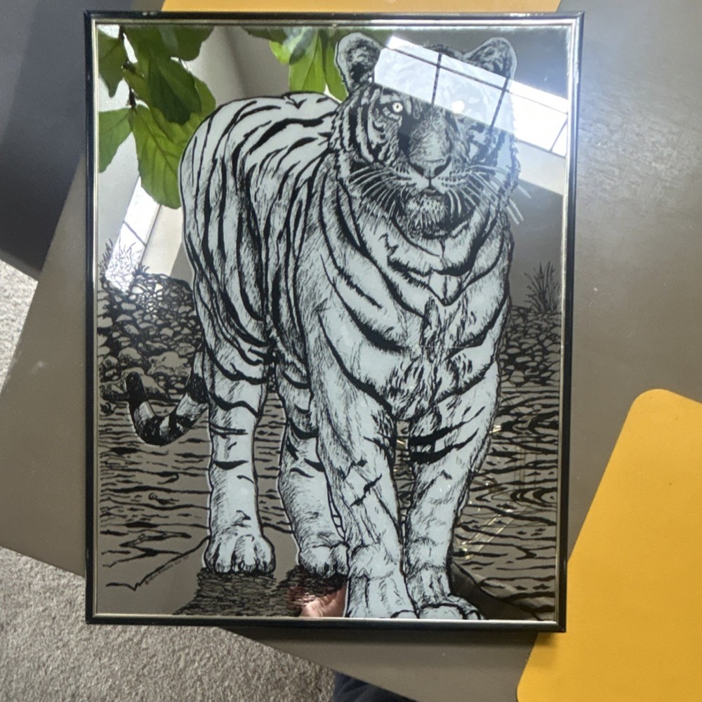 Mid Century Engraved Tiger Accent Mirrors Set Antique Silver Frame Black Silver