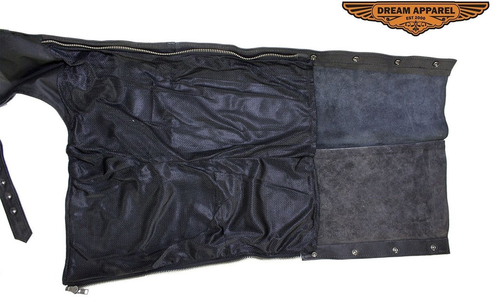 Black Cowhide Leather Men's Motorcycle Biker Multi-Pocket Mesh lining Chaps