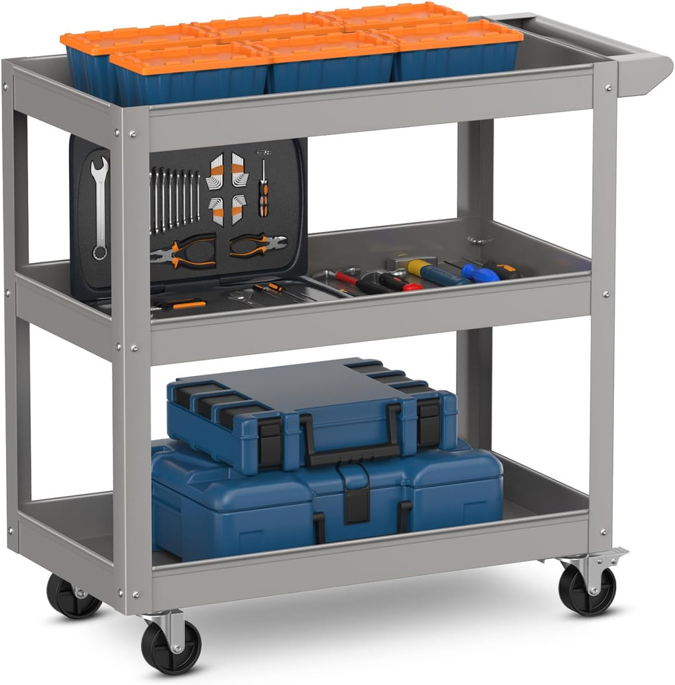 3-Layer Service Utility Cart, Heavy Duty Unity Cart with Flat Handle, 2 Lockable