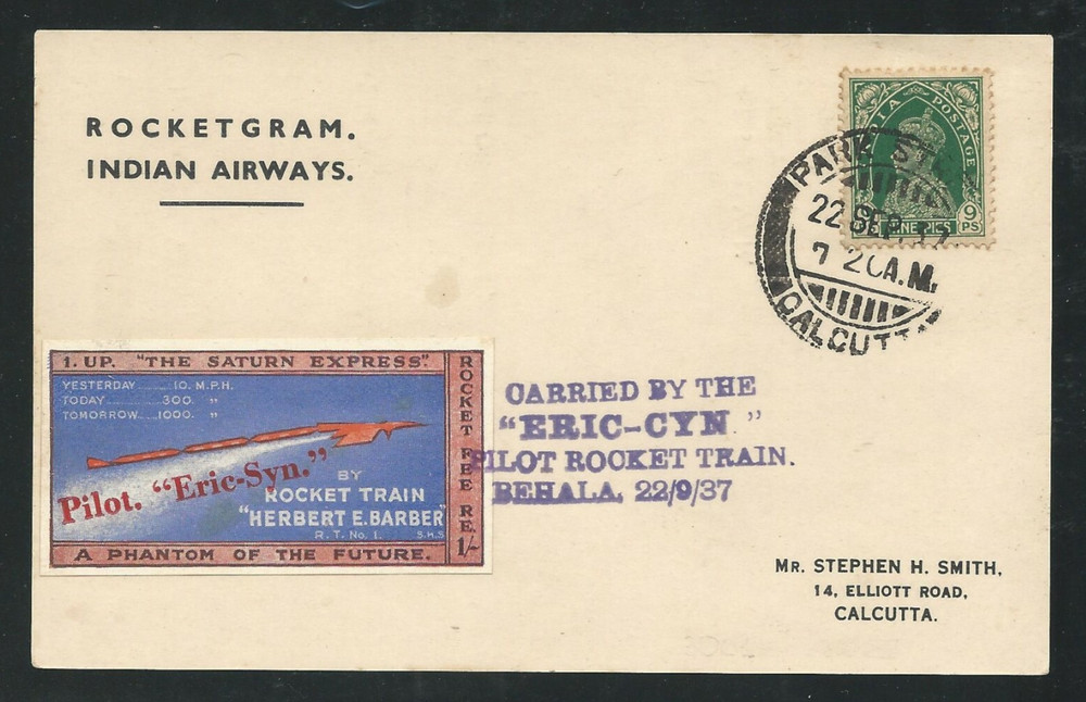 1937 INDIA rocket mail card ERIC-SYN - signed Stephen H. Smith - EZ 30C1