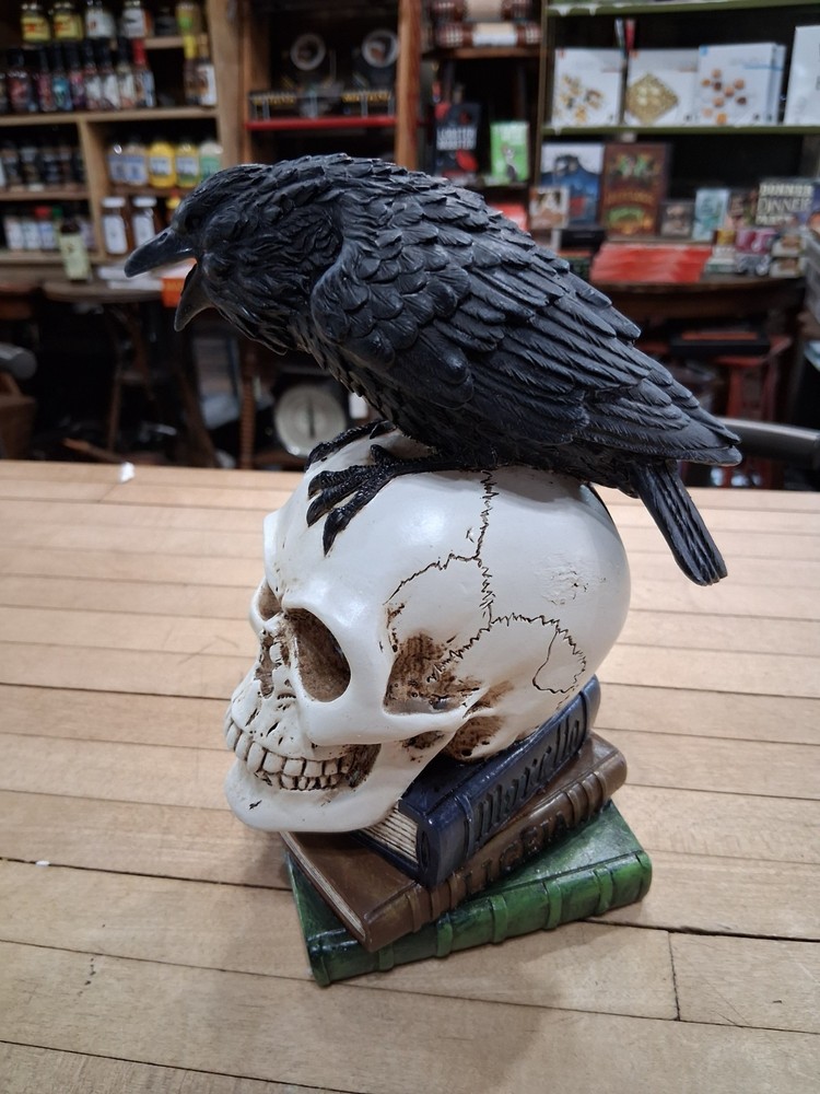 Raven Perched on Skull Gothic Book Stack Figurine