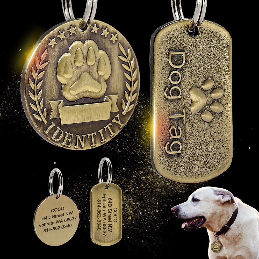 BRASS DOG TAGS PERSONALIZED CUSTOM PET NAME ID ENGRAVED FOR COLLAR Rectangle