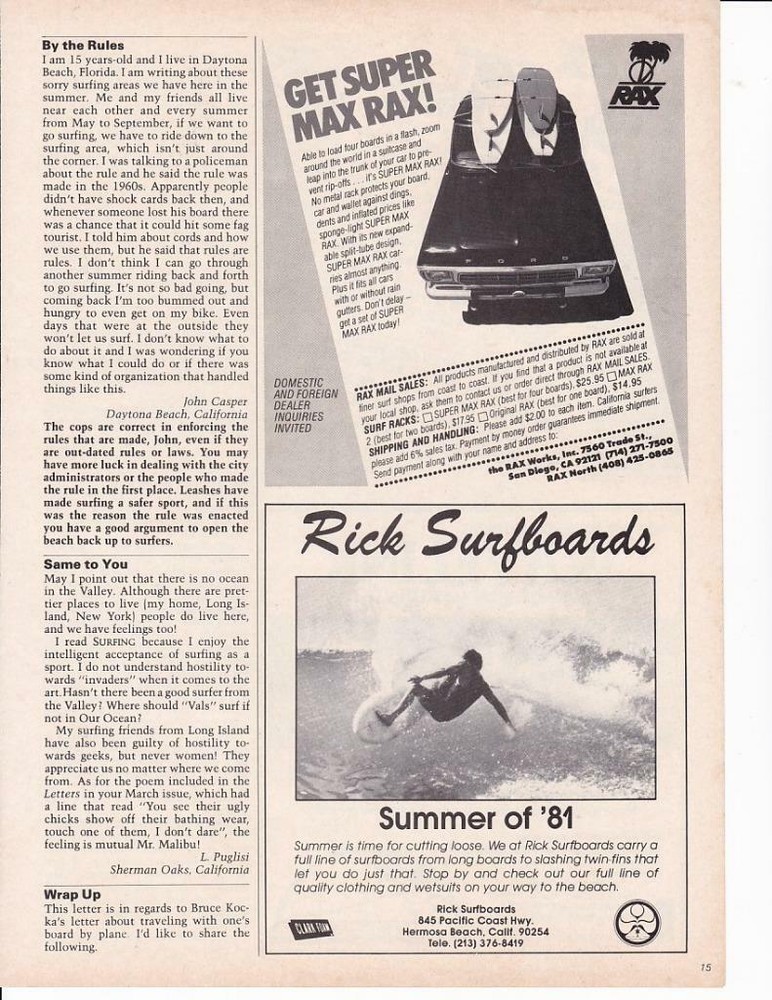 1981 Rick Surfboards Ad / Hermosa Beach CA