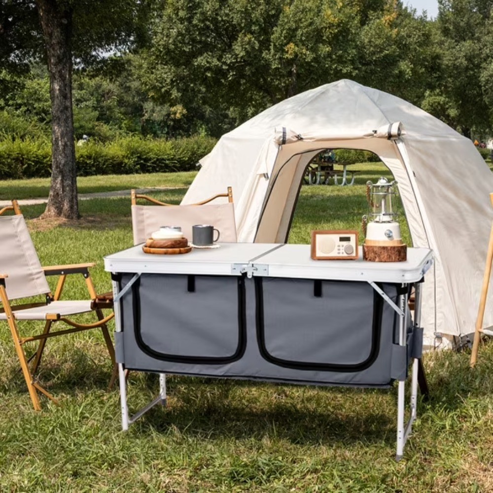 Folding Camping Table with Adjustable Heights, Storage Compartments