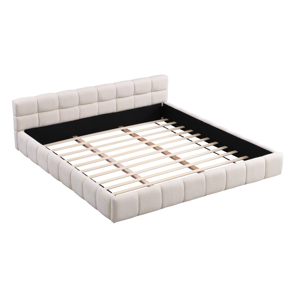 King Size Chenille Upholstered Bed w/ Checkerboard Headboard, Beige