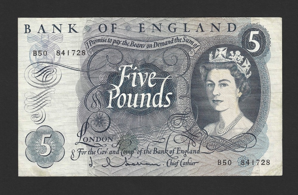 BOE - Old £5 Banknote - Hollom - B50 841728 Circulated