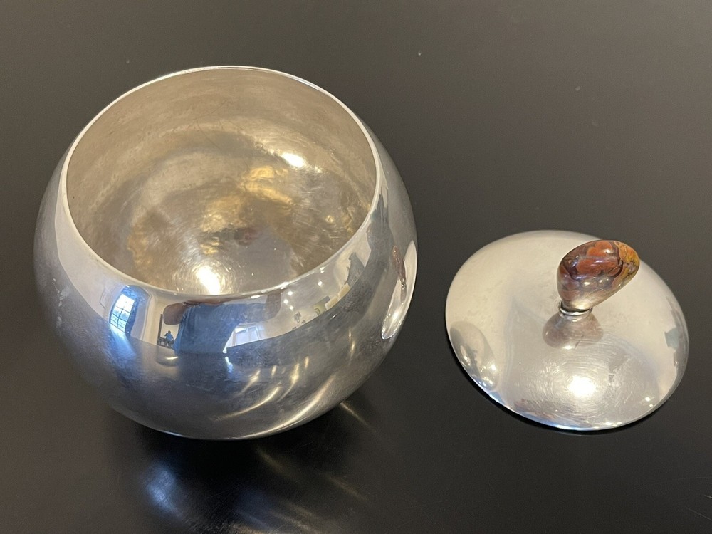 Mid-Century Modern MCM American Sterling Silver Covered Bowl with Agate Handle