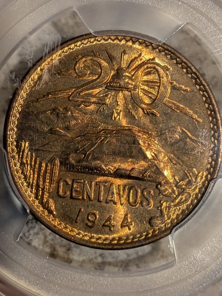 1944 MEXICO 20 CENTAVOS COPPER MS-65 RB