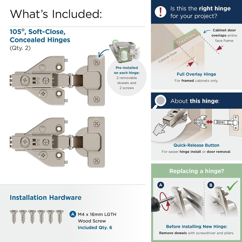 2 Pack Full Overlay Soft-Closing Euro Concealed Hinge for Face Frame Cabinet, 10