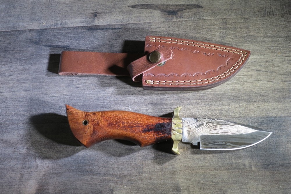 Backwoods Damascus Bowie  knife with brass guard  handle & leather sheath