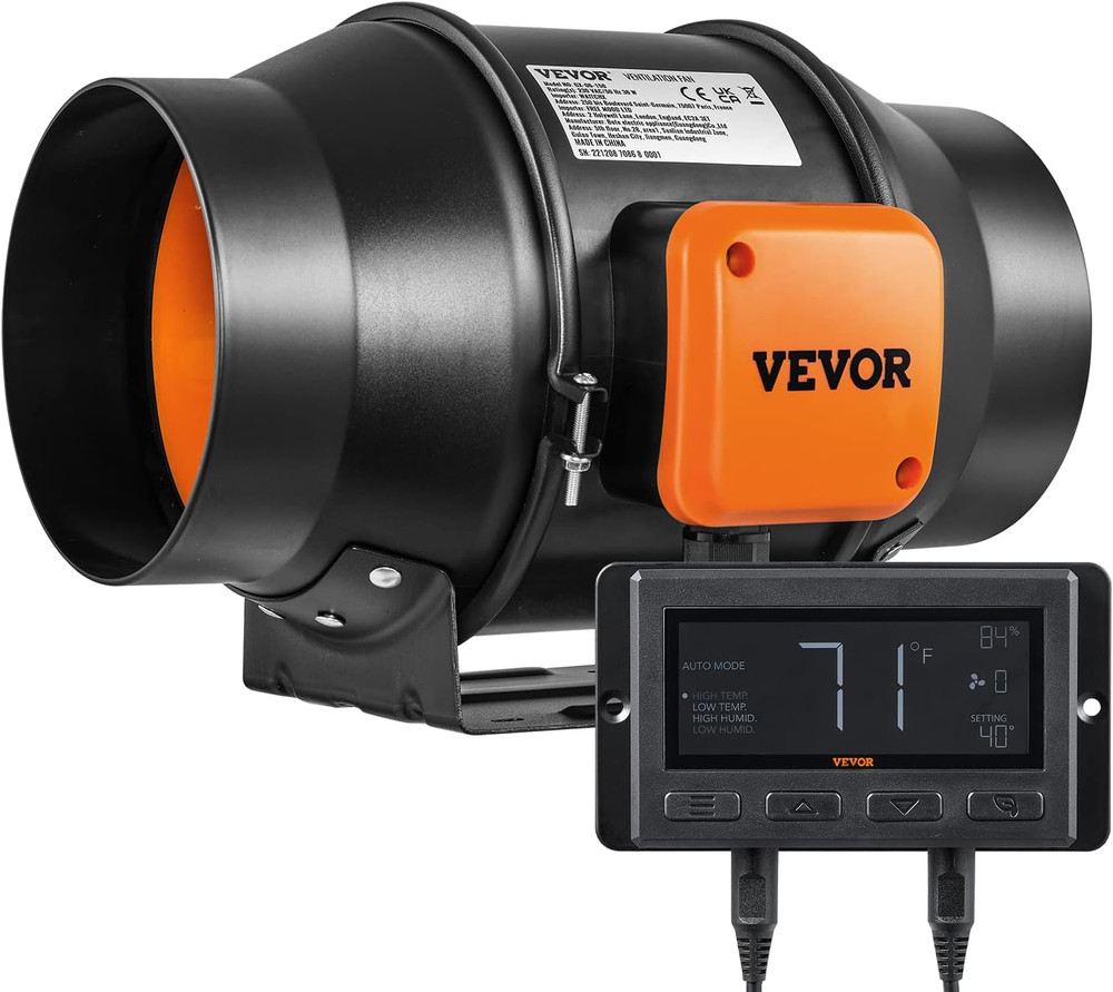 6" Inline Duct Fan, 402 CFM with Temp Humidity Controller EC Motor, Quiet