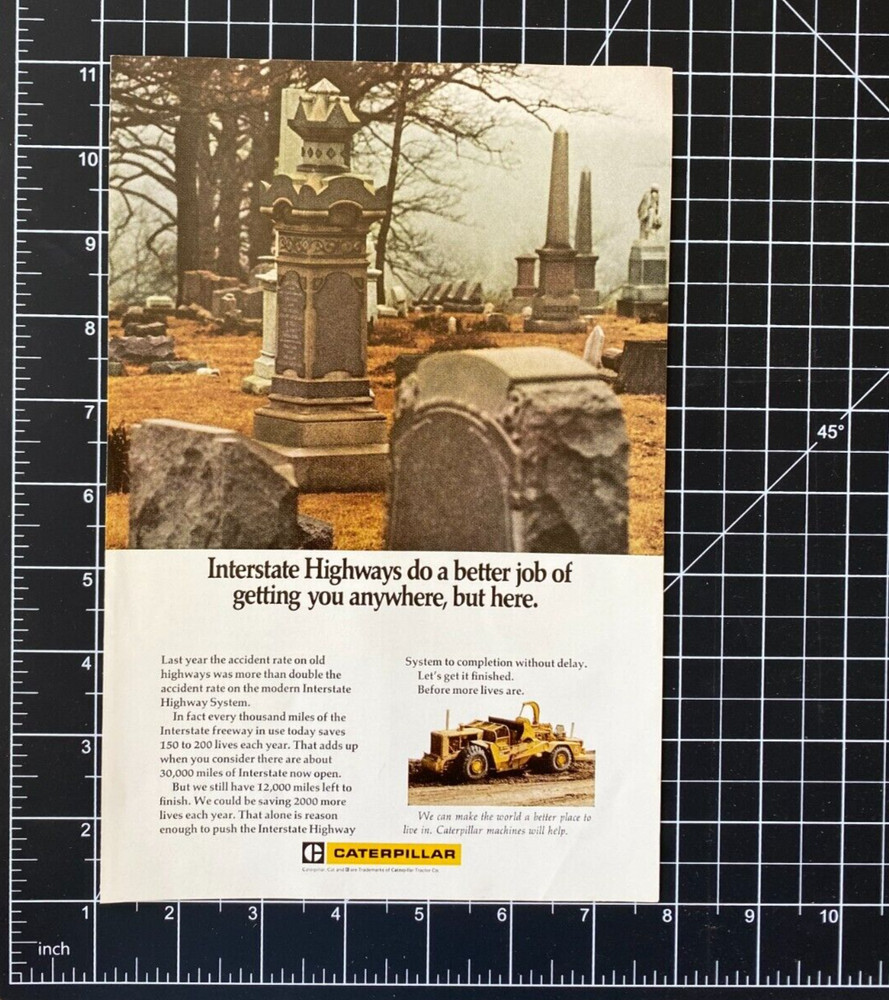 Caterpillar Interstate Road Construction Cemetary Graves Vintage Print Ad 1971