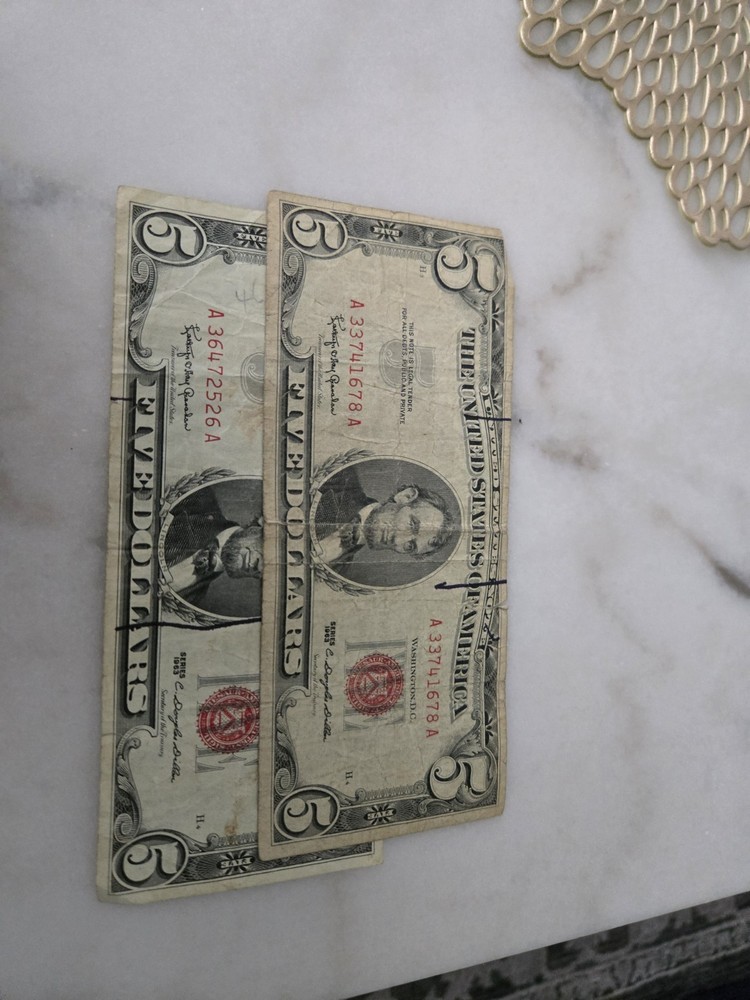 1963 2 Five Dollar & 2 Two Dollar Bills - Red Seal