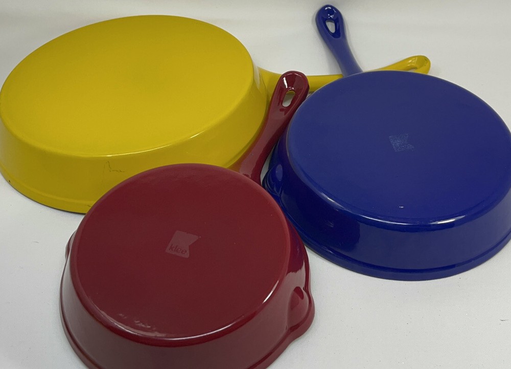 3 Klee Enameled Frying Pans Yellow, Blue & Red Preowned