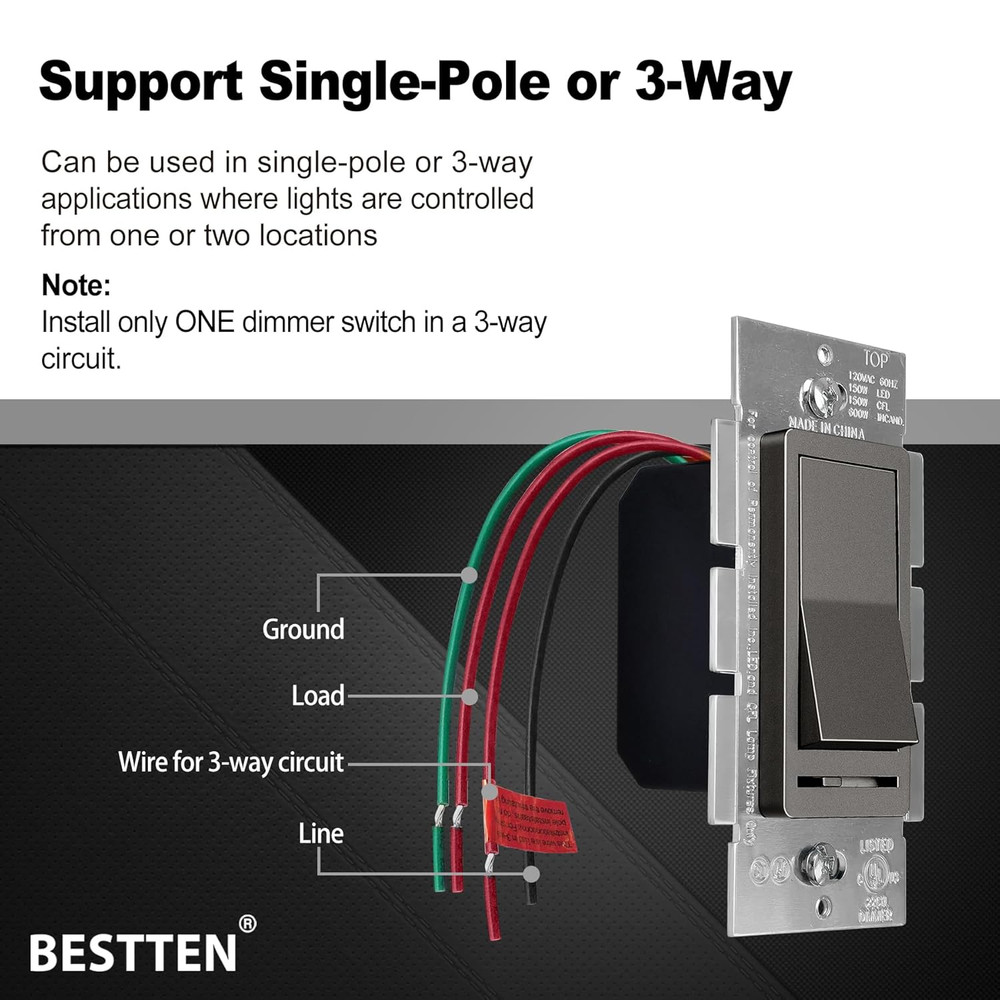 Matte Brown Dimmer Wall Light Switch, Single Pole or 3-Way, Compatible with Dim