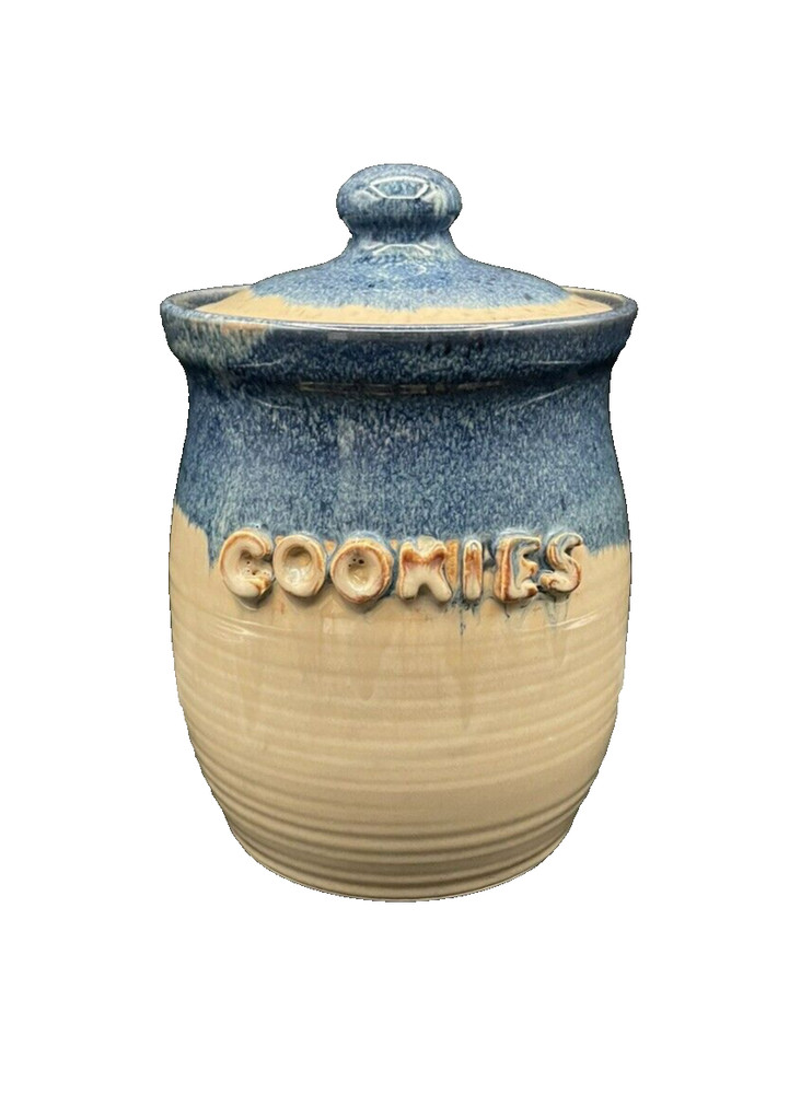 2008 Earth & Fire Pottery Canada Blue Beige Glazed Cookie Jar