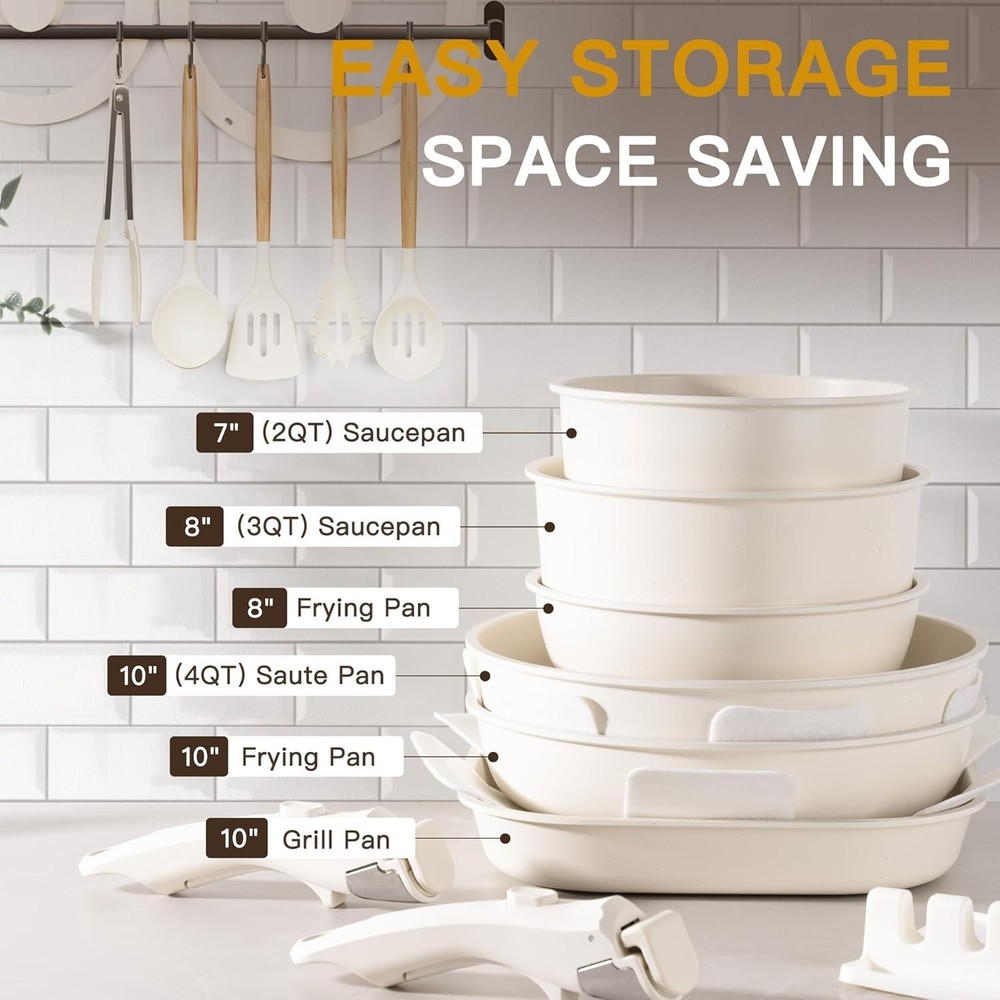 23Pcs Stackable Non-Stick Cookware Set: Detachable Handles, Oven Safe