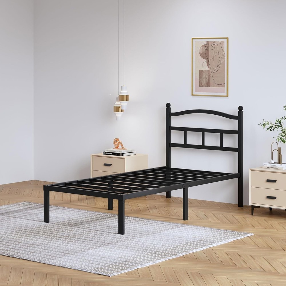 14 Inch Metal Bed Frame Twin Size Heavy Duty Bedframe W/ Headboard Black Basic