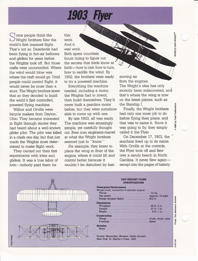 Wright Brother's 1903 Flyer Spec Sheet Fact Card