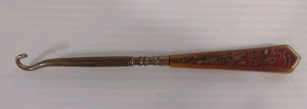 Vintage Metal Crochet Hook Needle Point Button Hook Marble Designed Handle