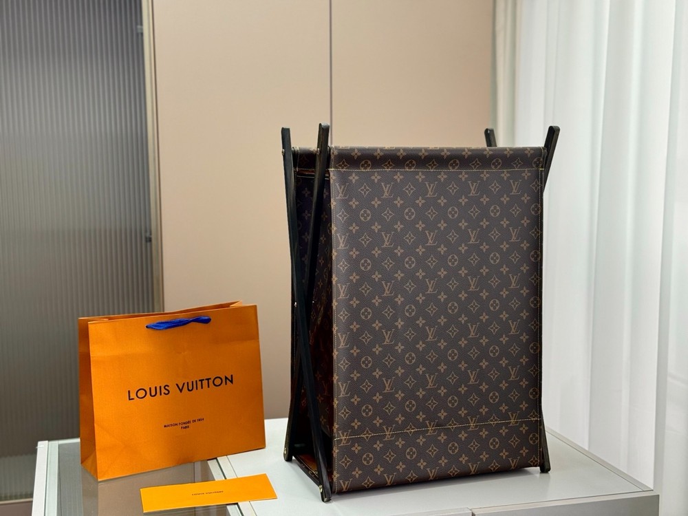 Luxury Monogram Canvas Folding Storage Basket Wood Frame Laundry Hamper New