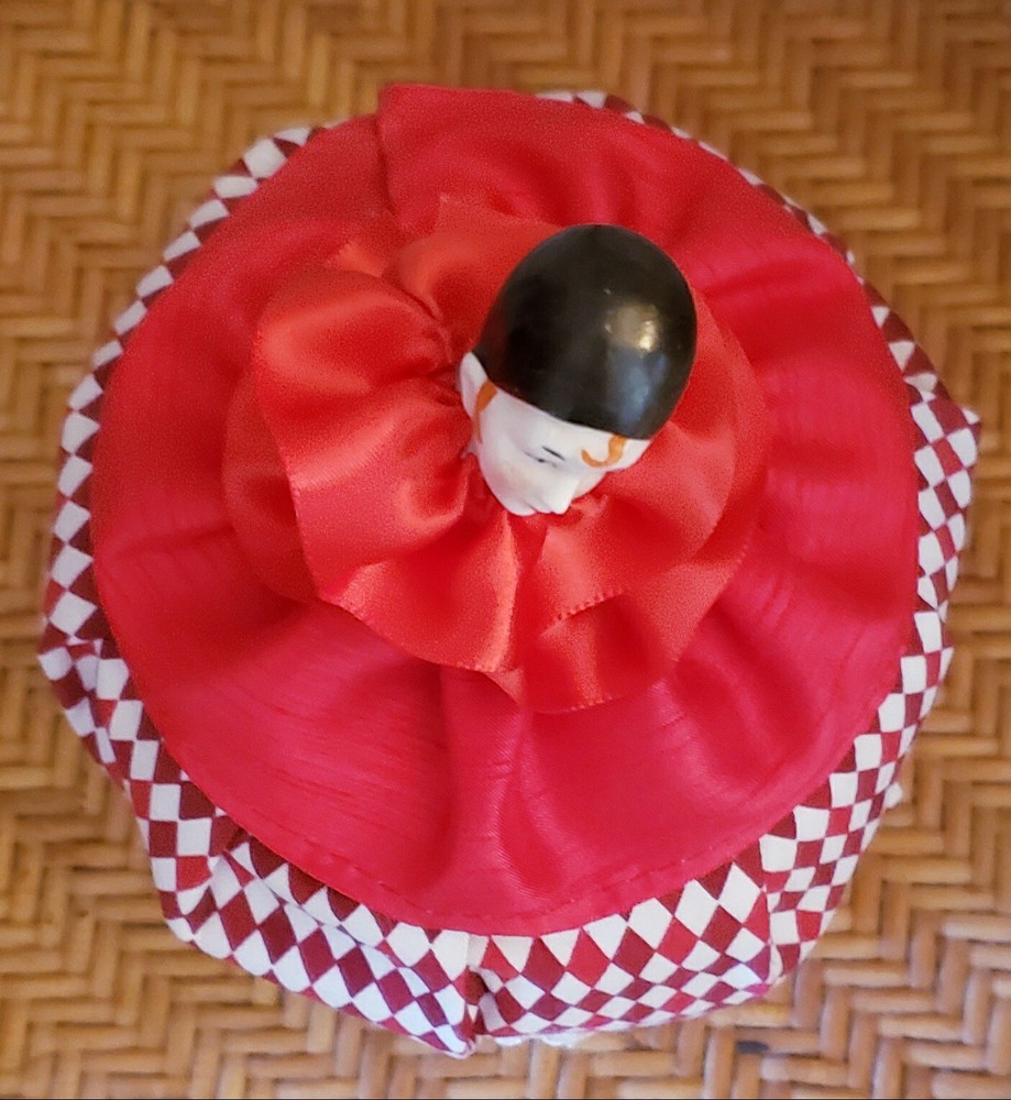 German Porcelain Half Doll Red & White Diamond Patterned Dress