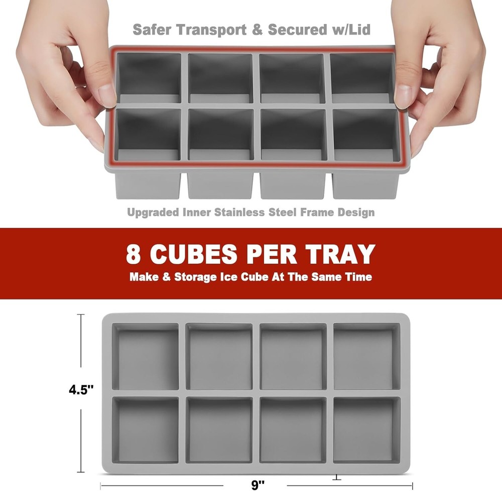 Nax Caki Silicone Ice Cube Tray with Lid 2 Pack Stackable Large Ice Cube Molds