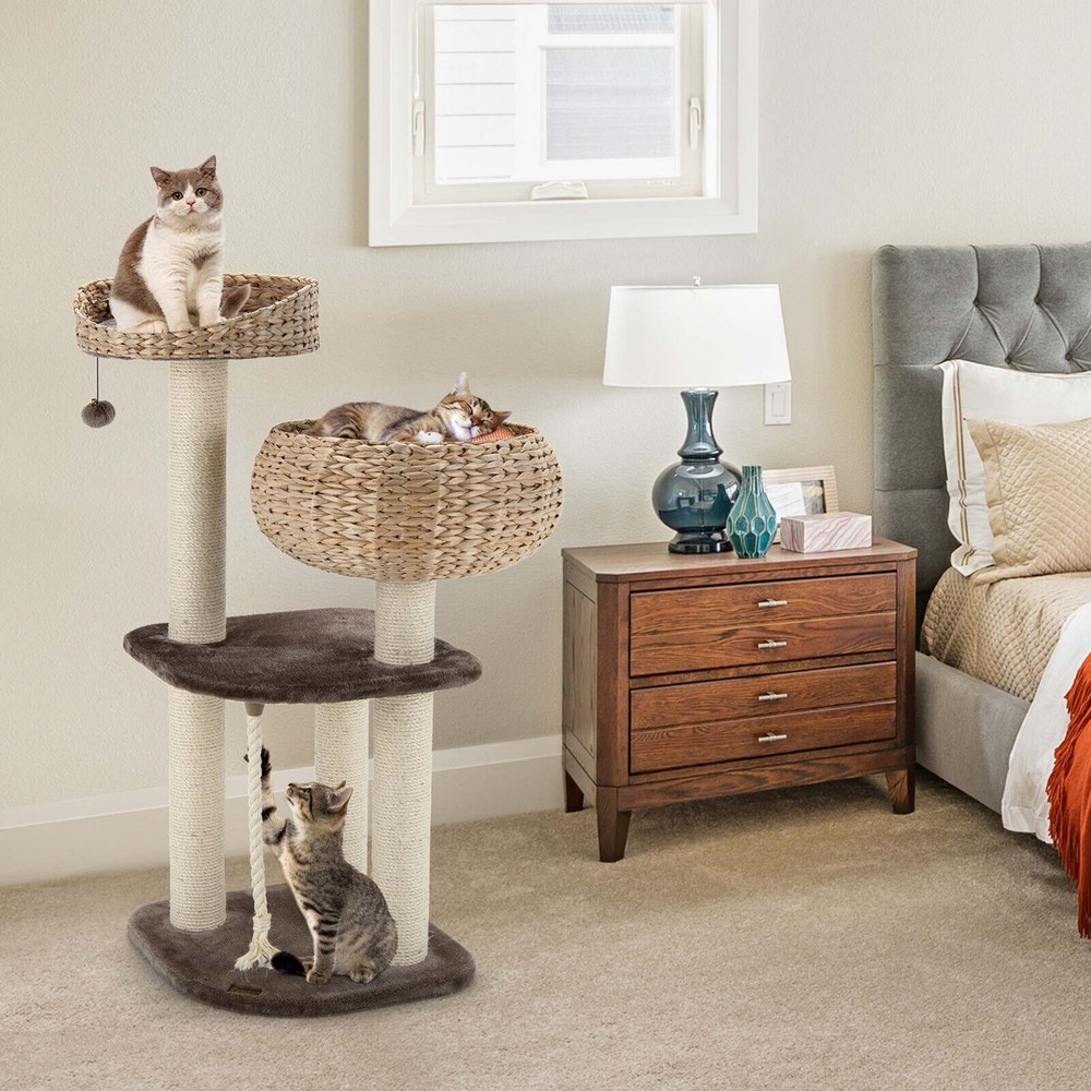 41" Hand-Made Cat Tree Tower Natural Bowl Shaped w/ 2 Perch