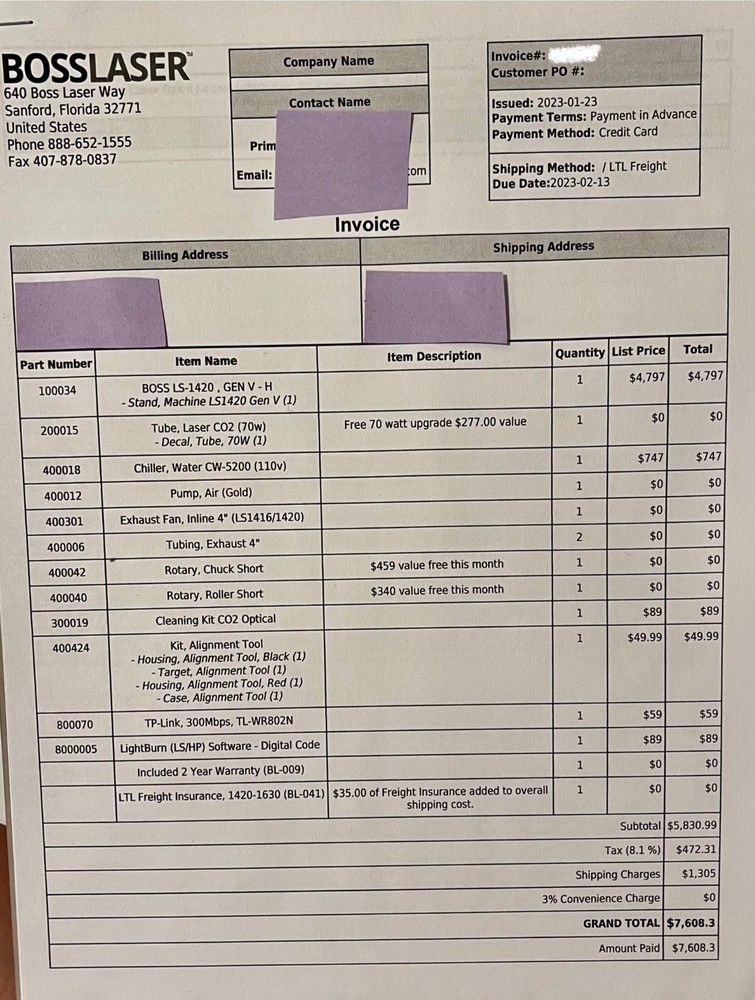 Boss CO2 LS-1420 Laser Engraver