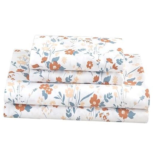 Floral Sheet Set Printed Bed Sheets - 4 Piece Soft Queen Orange Flower
