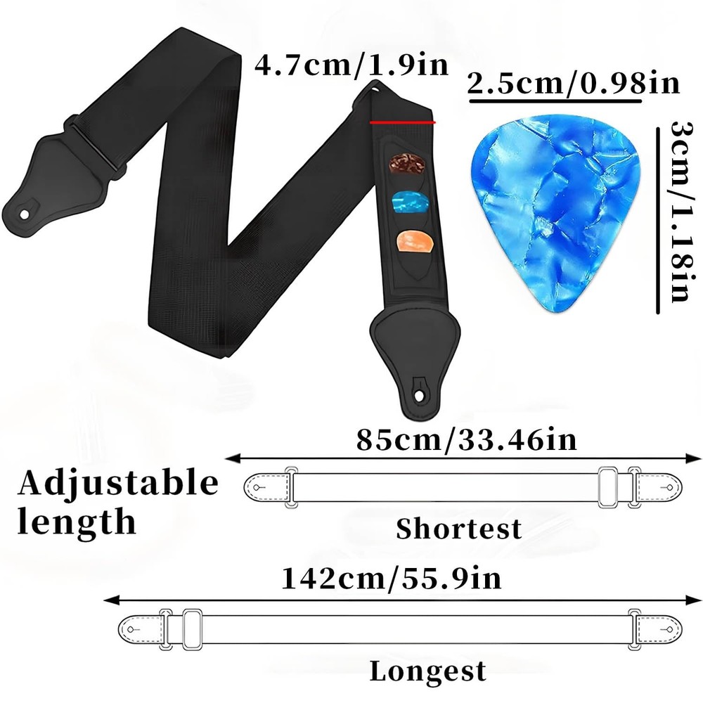 Adjustable Guitar Strap 3 Pick Holders 6 Picks Easy Install Black Acoustic Kit