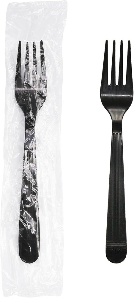 Individually Wrapped Black Plastic Utensil Sets/Heavy Duty Flatware Packs, Fork,