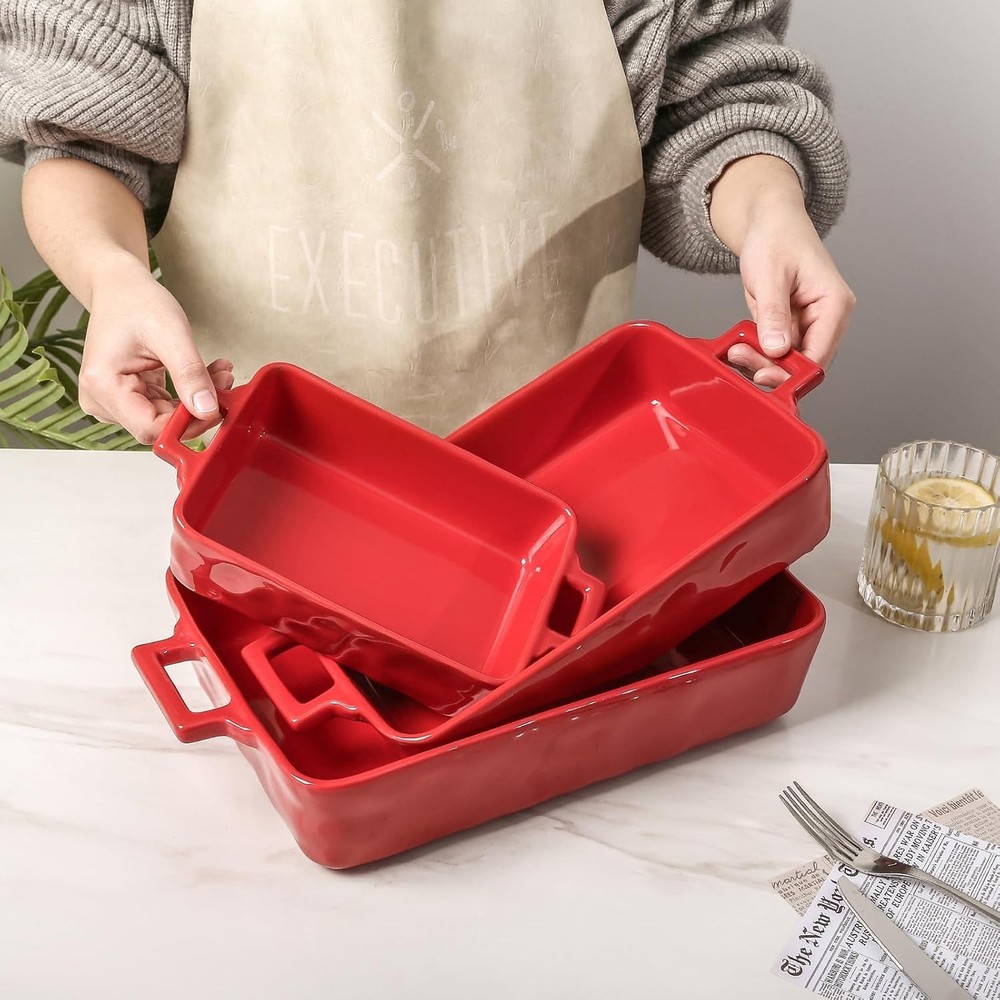 Red Ceramic Baking Pans Set 3pc Rectangular Lasagna Casserole Dish