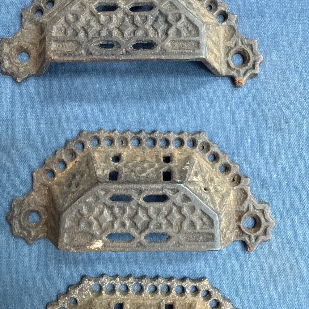 6 Antique Victorian Eastlake Pierced Cast Iron Bin Drawer Pulls Cup Drawer Pulls