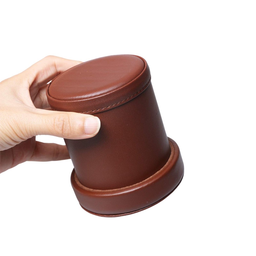 PU Leather Dice Cup Set with Lid Dark Brown Felt Lining Quiet Shaker Cup