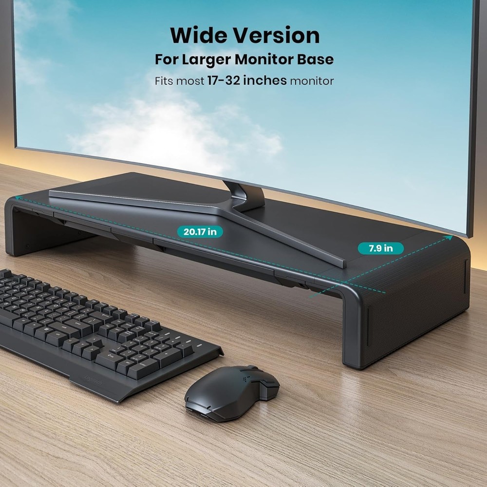 Foldable Computer Monitor Riser with Storage Drawer & Tablet Holder - Black