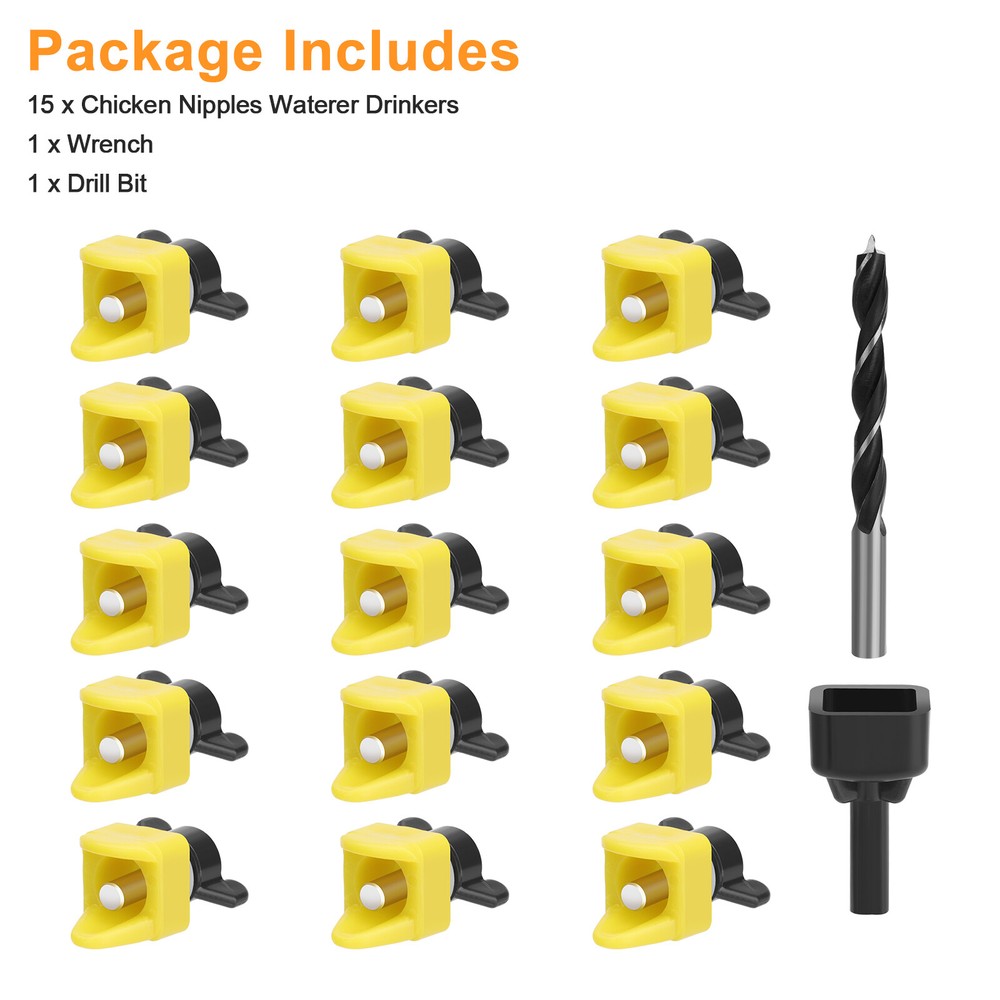 15Pcs Horizontal Chicken Waterer Nipple Automatic Poultry Waterer with Drill Bit