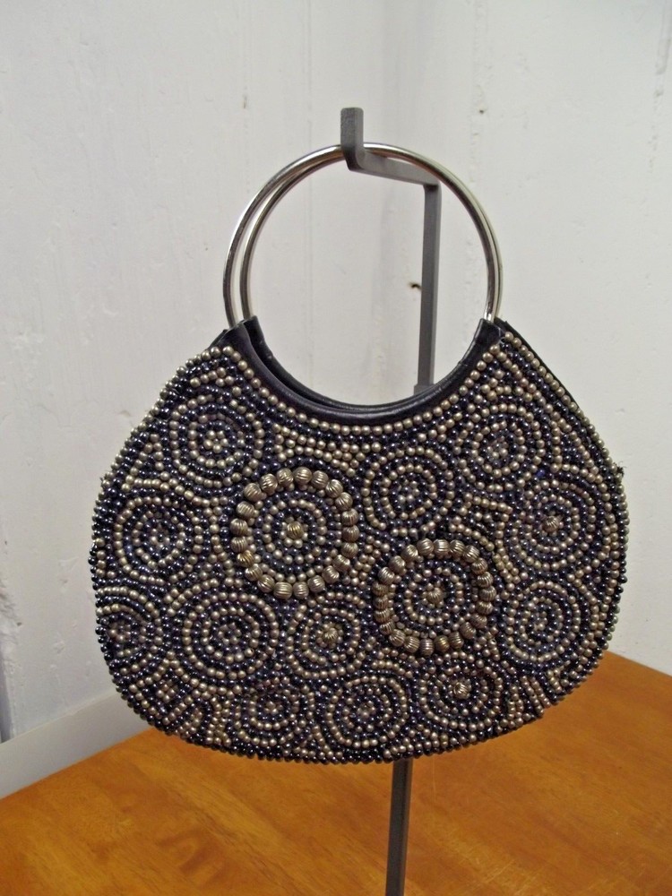 Coldwater Creek Ring Handles Beaded Embellished Leather Purse Evening Handbag