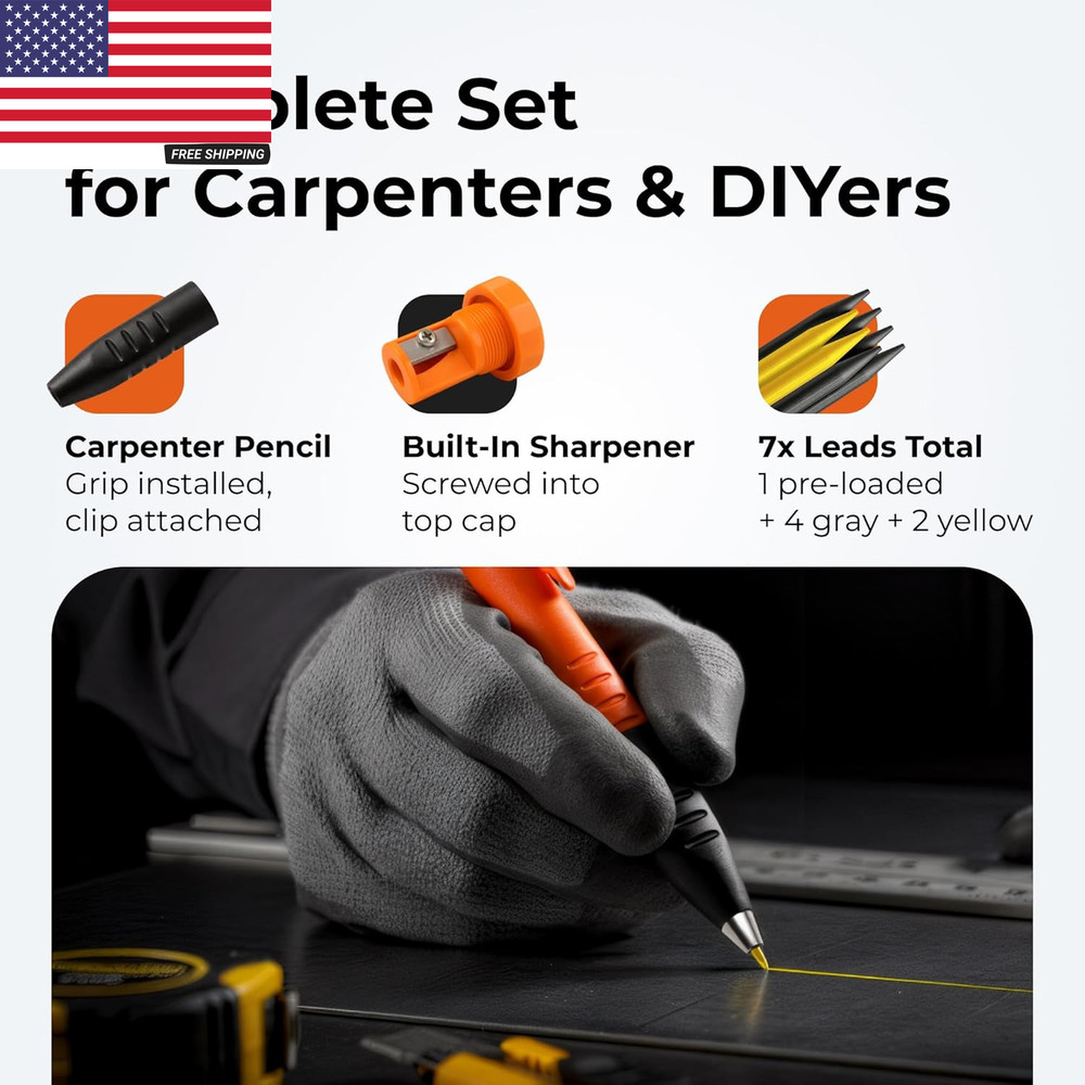 2 Carpenter Pencils Set for Construction - Incl. 38 Leads + Sharpener + Finger G