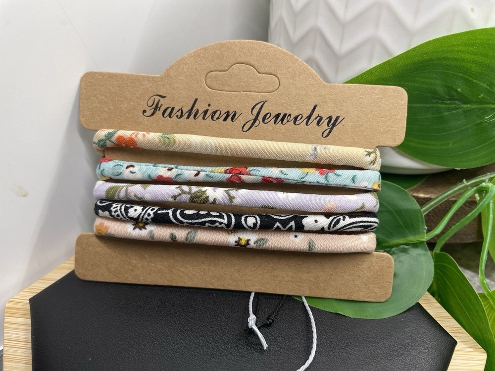5 PC Fabric Covered Bracelet  Stackable Adjustable Tie Free Ship B5232