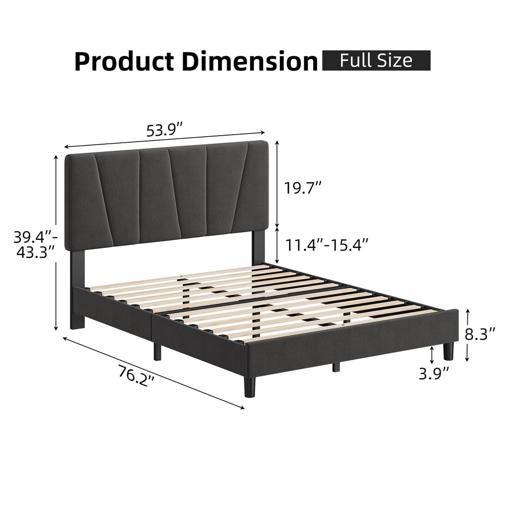 Full Size Bed Frame with Adjustable Headboard Linen Upholstered Platform Bedfram