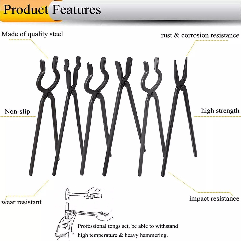 6 Pcs Blacksmith Tongs Set Anvil Forge Knife Making Tools Set V Bolt Flat Jaw