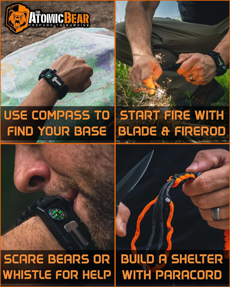 Atomic Bear Paracord Bracelet (2 Pack) - Adjustable - Fire Starter - Loud Whistl