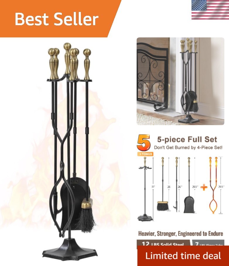 Fireplace Tool Set 5 Pcs Brass Handles Wrought Iron Hearth Accessories