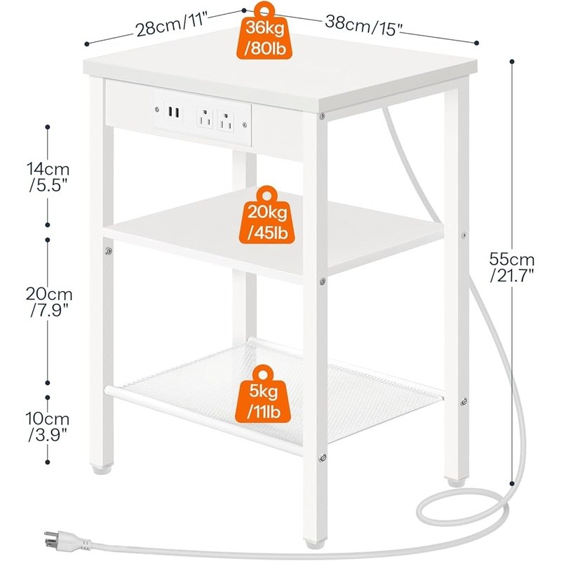 Multi-Functional Side Table W/ Outlets USB Adjustable Shelves Easy Assembly