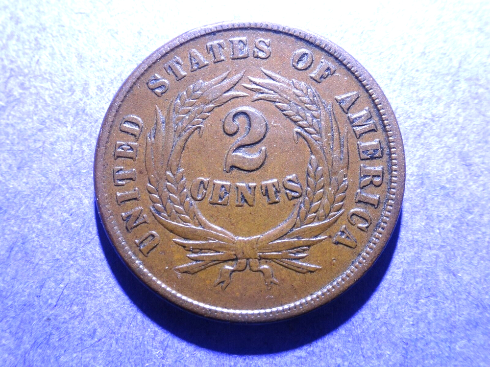 1865 Plain 5 Two Cent piece AU