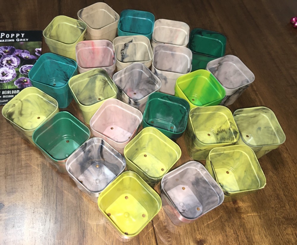 24 mid century seed starter pots 1960-80~marbled plastic multi colored 2"X2"