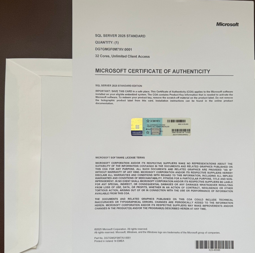 Microsoft SQL Server 2025 Standard 32 Core Unlimited User CALs CoA Authentic
